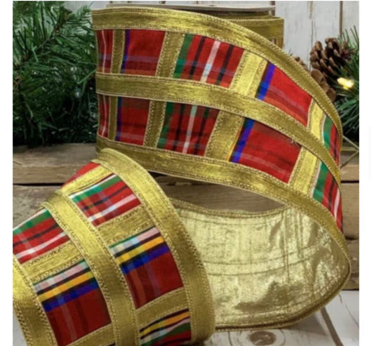 Red & Gold Plaid 4 inch wired Ribbon by the yard
